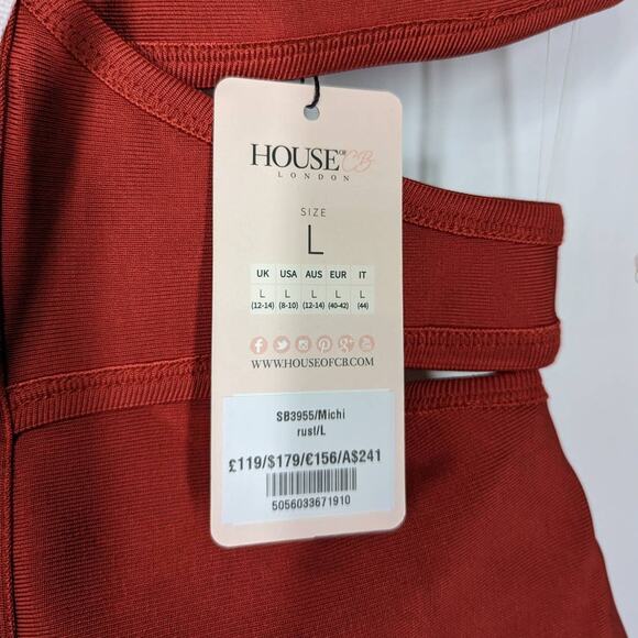 HOUSE OF CB Michi Rust Cutout Bandage Bodycon Mini Dress Large Sleeveless NWT - Picture 6 of 9